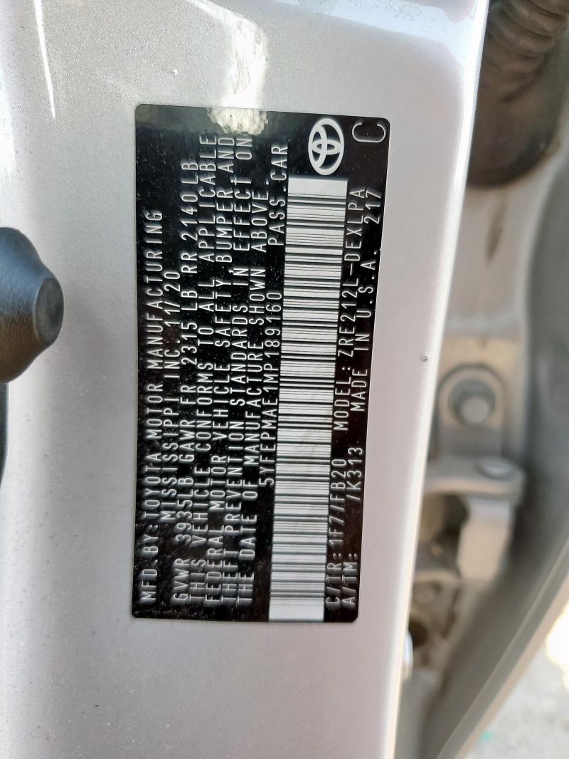 5YFEPMAE1MP189160 - 2021 TOYOTA COROLLA LE SILVER photo 12