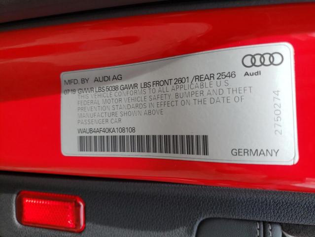 WAUB4AF40KA108108 - 2019 AUDI S4 PREMIUM PLUS RED photo 12