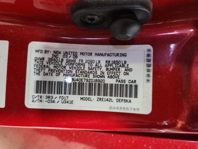 1NXBU40E79Z018920 - 2009 TOYOTA COROLLA BASE Qırmızı foto 12