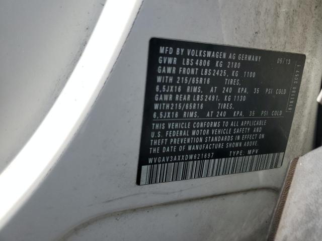 WVGAV3AXXDW621697 - 2013 VOLKSWAGEN TIGUAN S WHITE photo 12