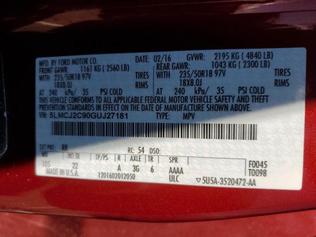 5LMCJ2C90GUJ27181 - 2016 LINCOLN MKC SELECT Կարմիր լուսանկար 12