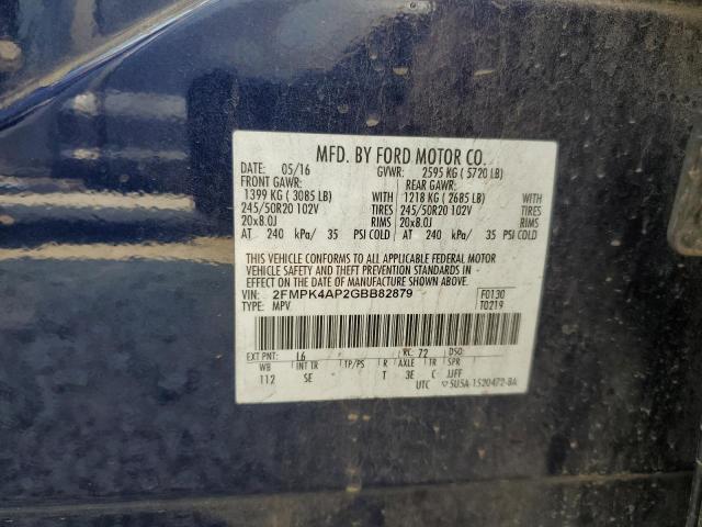 2FMPK4AP2GBB82879 - 2016 FORD EDGE SPORT Көк фото 12