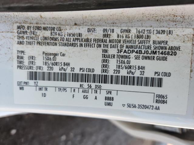 3FADP4BJ0JM146820 - 2018 FORD FIESTA SE WHITE photo 12