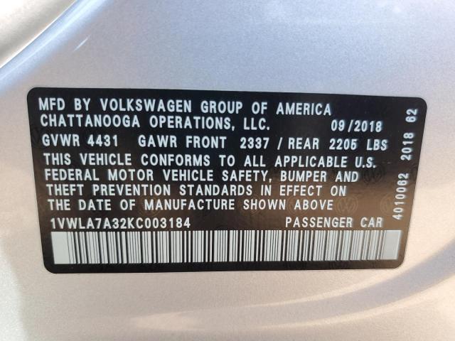 1VWLA7A32KC003184 - 2019 VOLKSWAGEN PASSAT WOLFSBURG 银色 照片 12