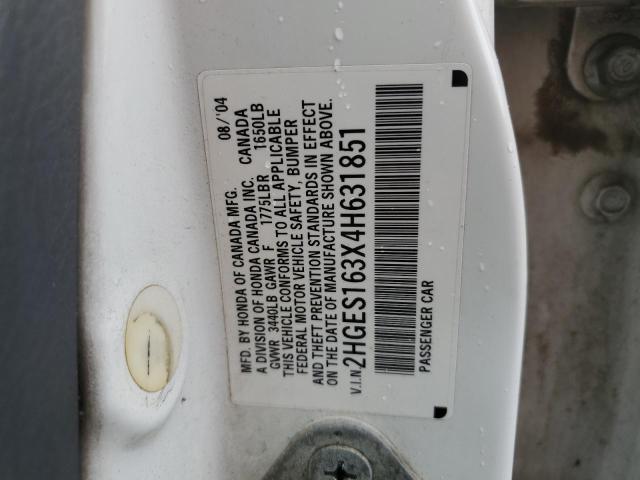 2HGES163X4H631851 - 2004 HONDA CIVIC DX VP WHITE photo 12