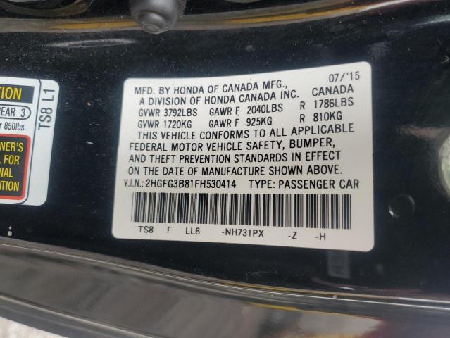 2HGFG3B81FH530414 - 2015 HONDA CIVIC EX BLACK photo 12