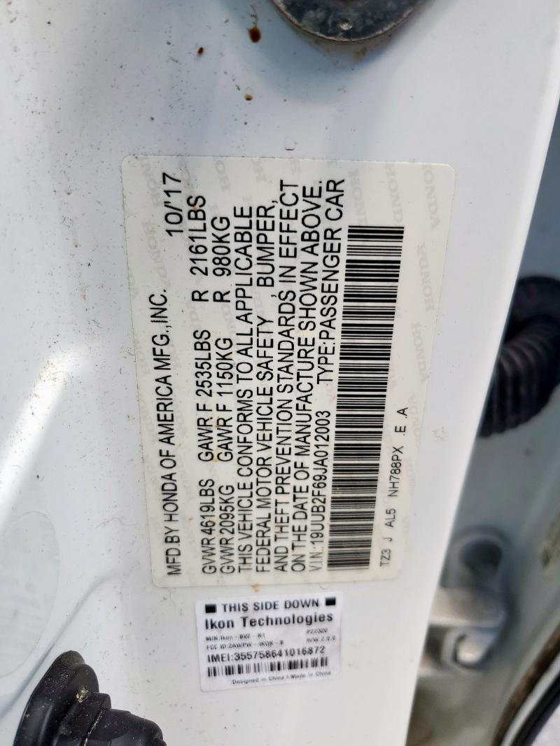 19UUB2F69JA012003 - 2018 ACURA TLX TECH+A თეთრი ფოტო 12