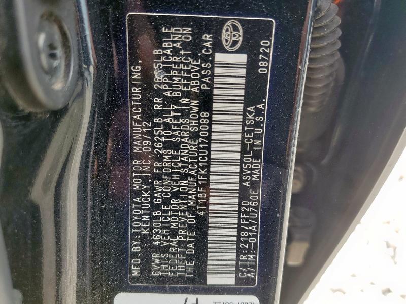 4T1BF1FK1CU170088 - 2012 TOYOTA CAMRY BASE BLACK photo 12