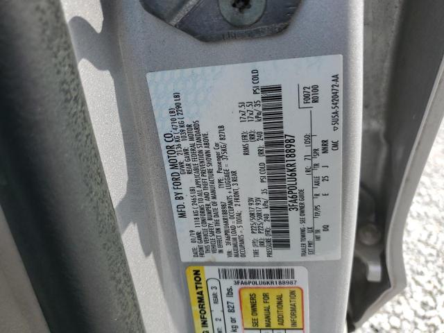 3FA6P0LU6KR188987 - 2019 FORD FUSION SE 银色 照片 12