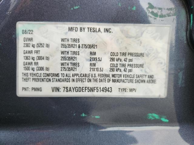 7SAYGDEF5NF514943 - 2022 TESLA MODEL Y Boz foto 14