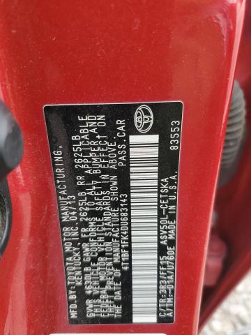 4T1BF1FK4DU683143 - 2013 TOYOTA CAMRY L RED photo 12
