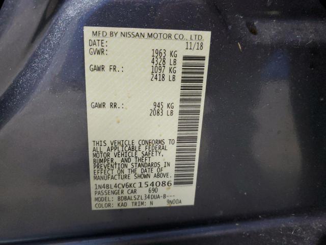 1N4BL4CV6KC154086 - 2019 NISSAN ALTIMA SR ნაცრისფერი ფოტო 12