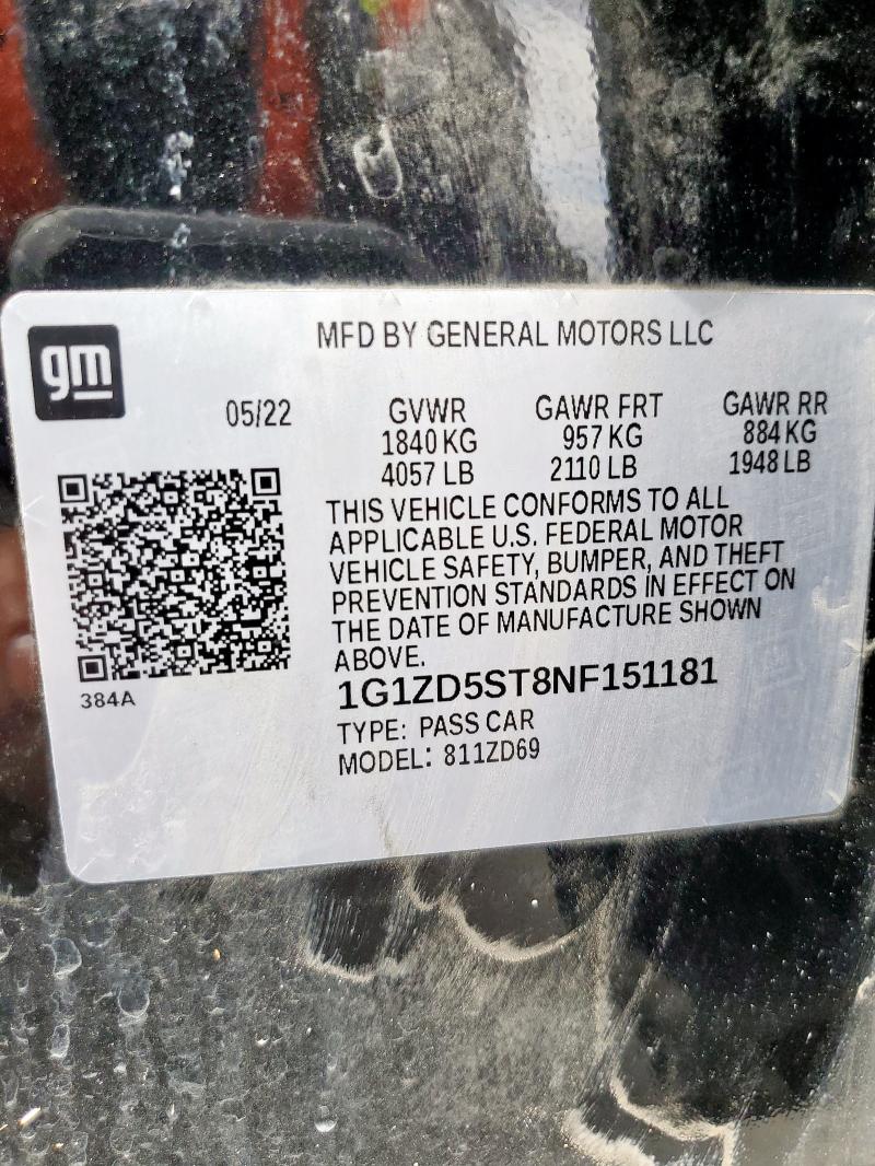 1G1ZD5ST8NF151181 - 2022 CHEVROLET MALIBU LT BLACK photo 12