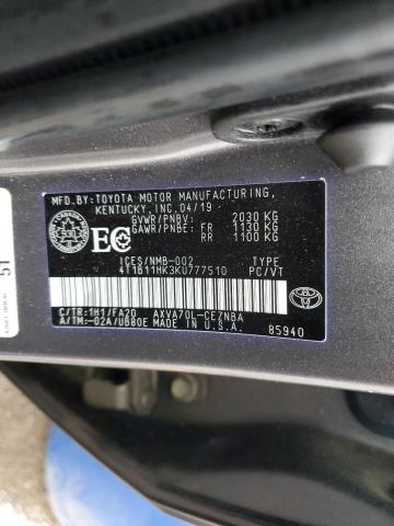 4T1B11HK3KU777510 - 2019 TOYOTA CAMRY L GRAY photo 13