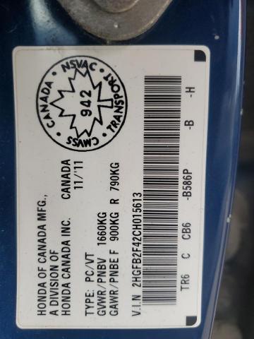 2HGFB2F42CH015613 - 2012 HONDA CIVIC LX BLUE photo 12