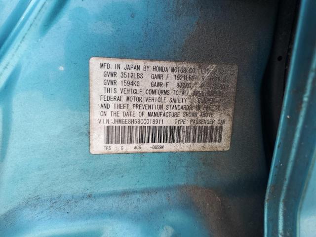 JHMGE8H58CC018911 - 2012 HONDA FIT SPORT TURQUOISE photo 12