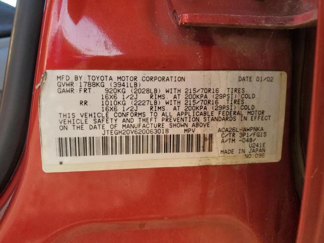 JTEGH20V620063018 - 2002 TOYOTA RAV4 RED photo 12