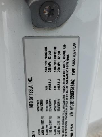 5YJ3E1EB0KF513462 - 2019 TESLA MODEL 3 Beyaz fotoğraf 12