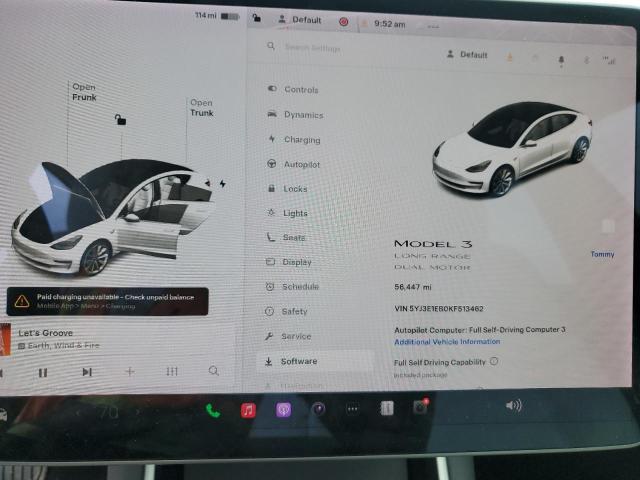 5YJ3E1EB0KF513462 - 2019 TESLA MODEL 3 Beyaz fotoğraf 9