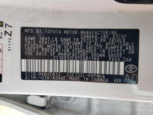 2T1KR32E97C661180 - 2007 TOYOTA COROLLA MA XR WHITE photo 12