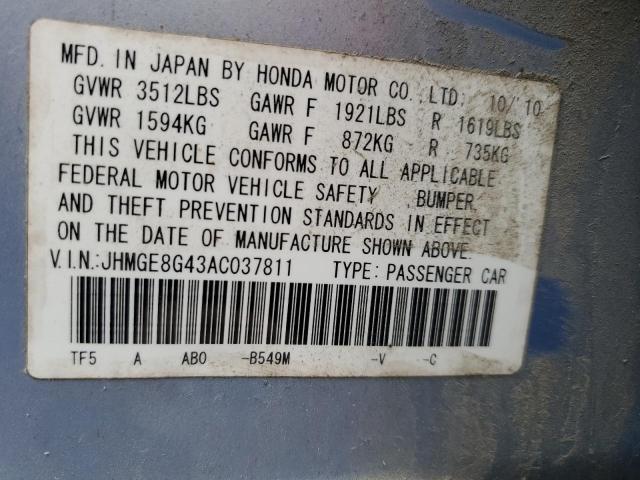 JHMGE8G43AC037811 - 2010 HONDA FIT SPORT 蓝色 照片 12