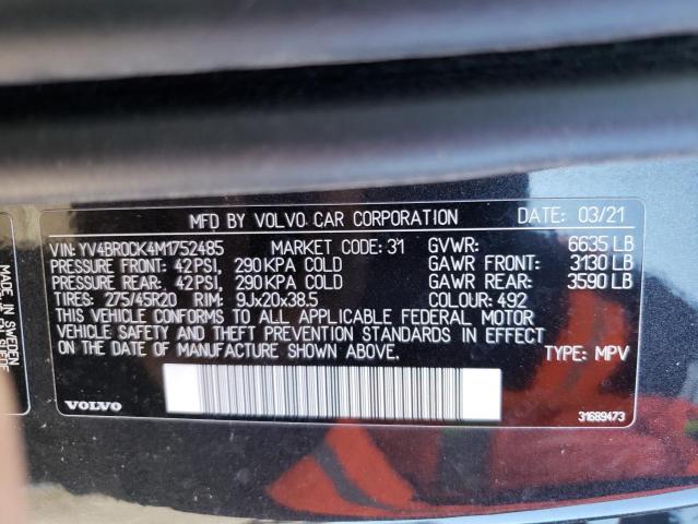 YV4BR0CK4M1752485 - 2021 VOLVO XC90 T8 RECHARGE INSCRIPTION EXPRESS BLACK photo 10