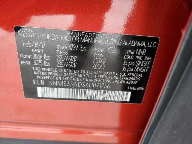 5NMS33AD5KH091756 - 2019 HYUNDAI SANTA FE SEL RED photo 14