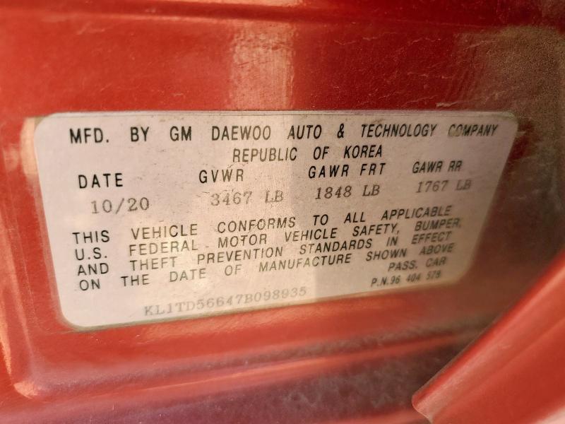 KL1TD56647B098935 - 2007 CHEVROLET AVEO BASE RED photo 12
