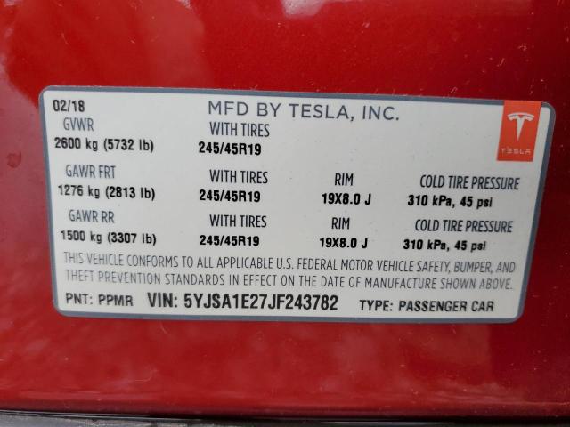 5YJSA1E27JF243782 - 2018 TESLA MODEL S წითელი ფოტო 12