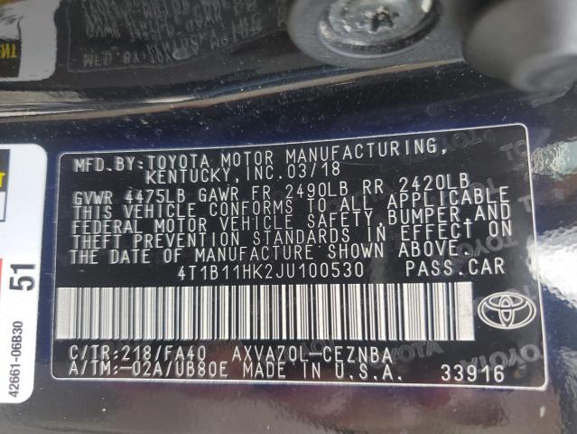 4T1B11HK2JU100530 - 2018 TOYOTA CAMRY L BLACK photo 13