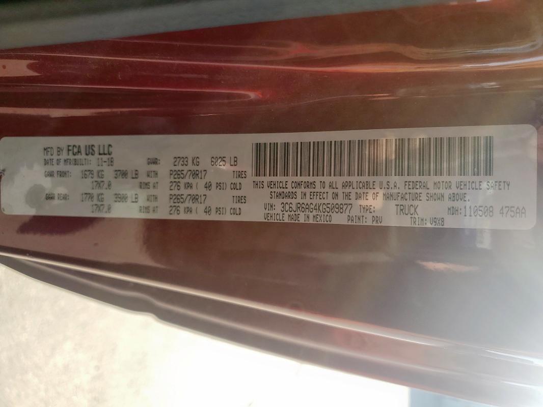 3C6JR6AG4KG509877 - 2019 RAM 1500 CLASS TRADESMAN Tünd qırmızı foto 12