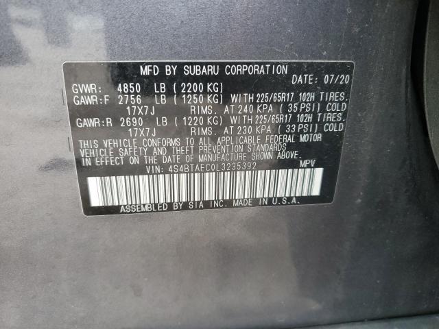 4S4BTAEC0L3235392 - 2020 SUBARU OUTBACK PREMIUM GRAY photo 12