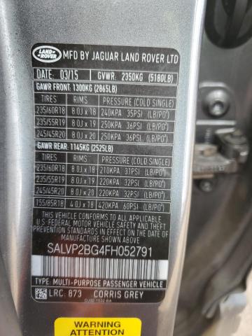 SALVP2BG4FH052791 - 2015 LAND ROVER RANGE ROVE PURE PLUS GRAY photo 12