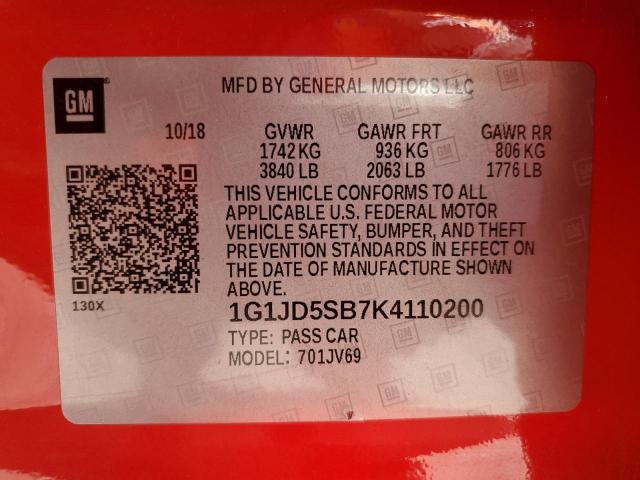1G1JD5SB7K4110200 - 2019 CHEVROLET SONIC LT RED photo 12