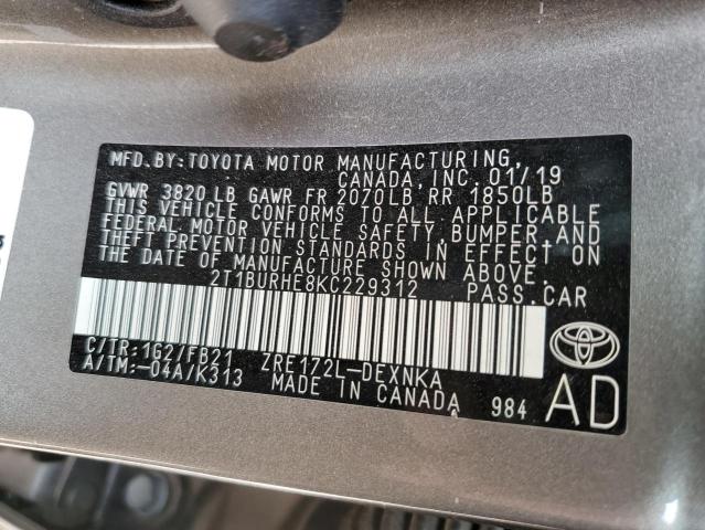 2T1BURHE8KC229312 - 2019 TOYOTA COROLLA L თაფლისფერი ფოტო 12