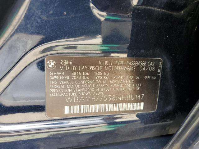 WBAVB77538NH80147 - 2008 BMW 335 I BLUE photo 13