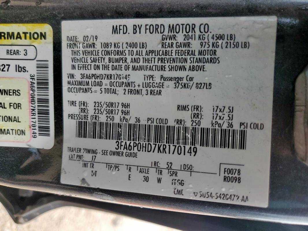 3FA6P0HD7KR170149 - 2019 FORD FUSION SE ნაცრისფერი ფოტო 12