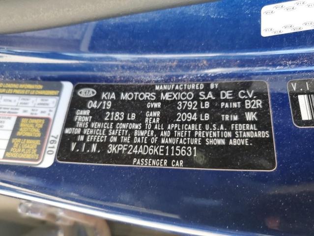 3KPF24AD6KE115631 - 2019 KIA FORTE FE Mavi foto 12