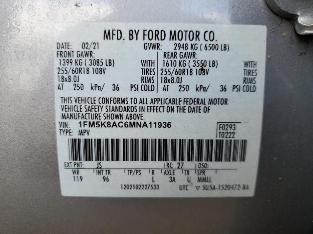 1FM5K8AC6MNA11936 - 2021 FORD EXPLORER POLICE INTERCEPTOR 银色 照片 12