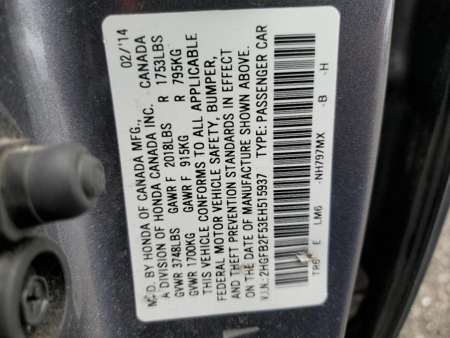 2HGFB2F53EH515937 - 2014 HONDA CIVIC LX GRAY photo 12