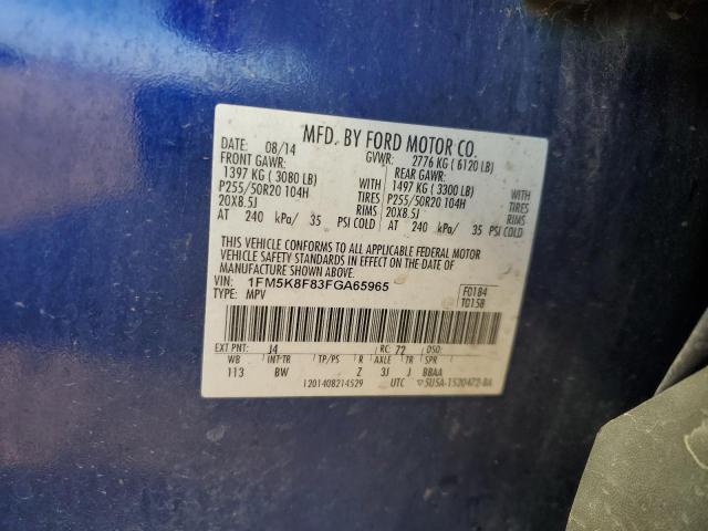 1FM5K8F83FGA65965 - 2015 FORD EXPLORER LIMITED BLUE photo 13