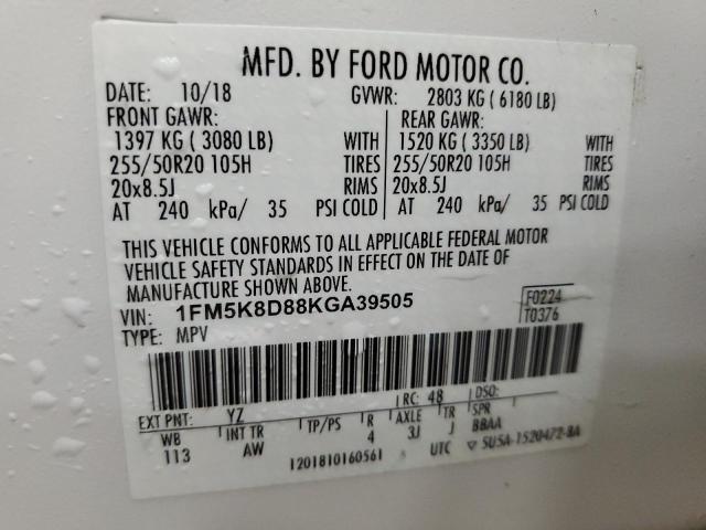 1FM5K8D88KGA39505 - 2019 FORD EXPLORER XLT أبيض صورة 13