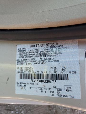 3FAHP08108R102752 - 2008 FORD FUSION SEL BEIGE photo 12