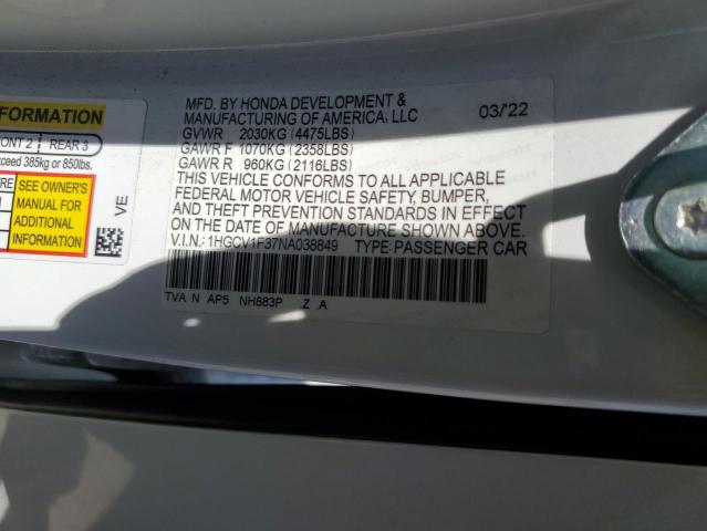 1HGCV1F37NA038849 - 2022 HONDA ACCORD SPORT WHITE photo 13