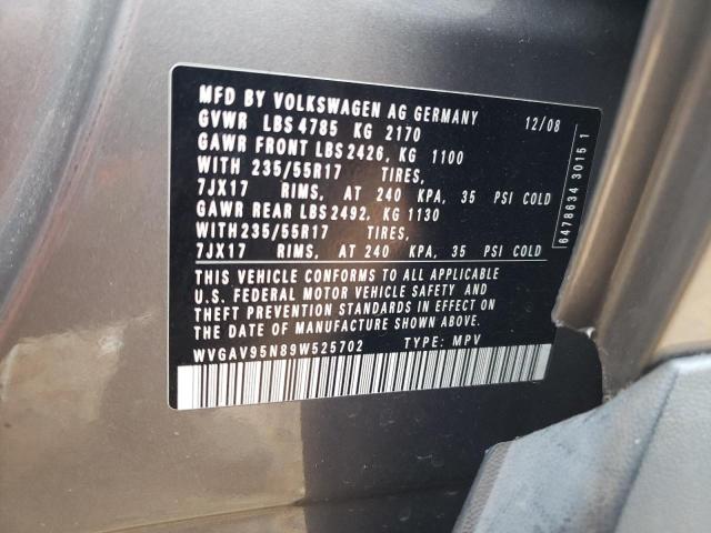 WVGAV95N89W525702 - 2009 VOLKSWAGEN TIGUAN S GRAY photo 13
