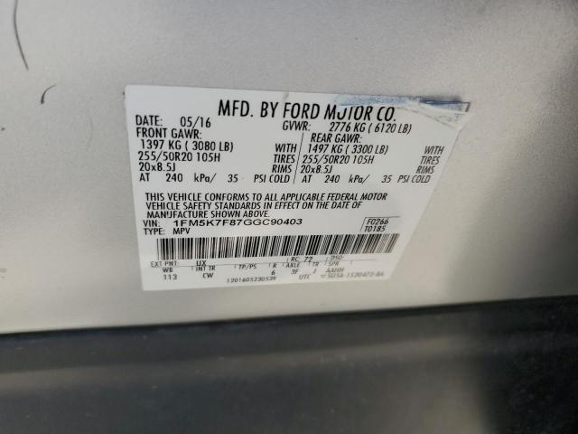 1FM5K7F87GGC90403 - 2016 FORD EXPLORER LIMITED SILVER photo 13