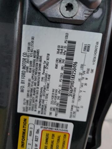 3FA6P0HD1KR250496 - 2019 FORD FUSION SE GRAY photo 12