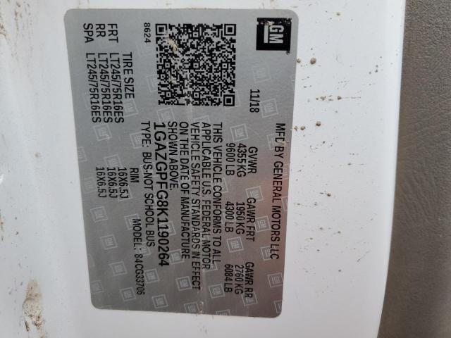 1GAZGPFG8K1190264 - 2019 CHEVROLET EXPRESS G3 LT WHITE photo 13