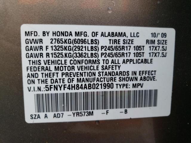 5FNYF4H84AB021990 - 2010 HONDA PILOT TOURING CREAM photo 12