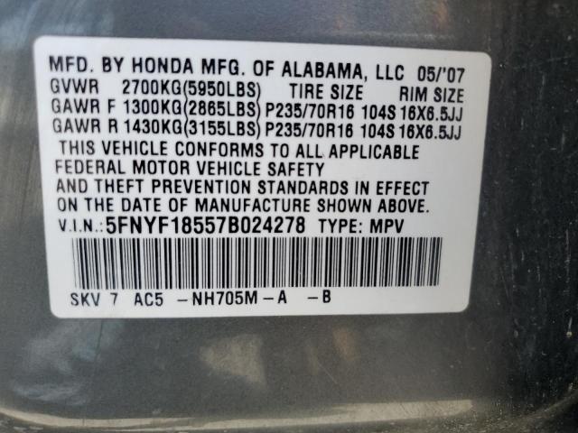 5FNYF18557B024278 - 2007 HONDA PILOT EXL Сұр фото 23